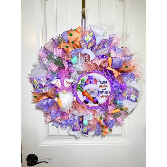 Handmade Easter Bunny Gnome Kisses Prelit Ribbon Wreath 22 in LED W13 - Picture 11 of 11